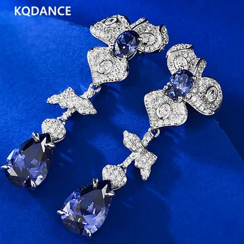 KQDANCE Luxury 925 стерлингово сребро със създаден танзанит синьо високо въглероден диамант цвете капка обеци фини бижута за жени