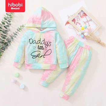 hibobi 2-парче бебе момиче писмо печат вратовръзка-боя с качулка суитчър и панталони удобни и модерни бебе момиче суитчър комплект