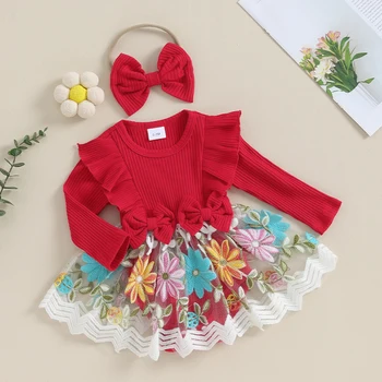 Новородено бебе момиче гащеризон рокля дълъг ръкав дантела къдрава гащеризон рокля 3D флорални малко дете момиче есен дрехи