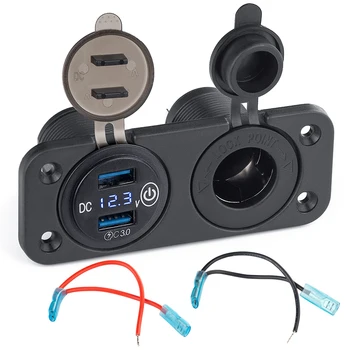 2in1 бързо зареждане 3.0 изход за запалка водоустойчив 12V / 24V двоен USB контакт за кола с LED волтметър сензорен превключвател за кола RV