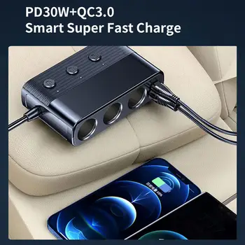 128W зарядно за телефон за кола Адаптер за запалка PD30W превключвател с портове за зареждане Бързо гнездо USB Multi зареждане QC3.0 B8G7