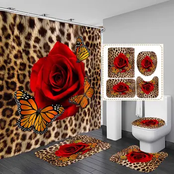 4PCS леопард печат душ завеса комплект роза флорални пеперуда африкански сафари диво животно гепард печат баня завеса нехлъзгане мат