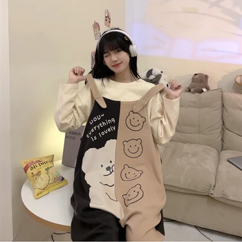 корейски жени пижами Onesie гащеризони карикатура мечка дълги ръкави памук възрастни женски пижами меки onesies свободно време износване