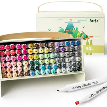 Arrtx ALP 90 Цветове Алкохолен маркер Писалка Двойни съвети Манга скициране маркери Арт училищни пособия Комплект за рисуване