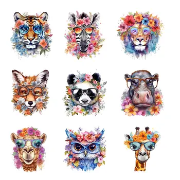 9pcs Цветни животни Стикери за пренос на топлина Желязо на стикери Лъв Тигър Кон Винил Вяра Молете се печат лепенки за дрехи за чанта