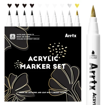 Arrtx 10PCS(4 черен, 4 бял, 1 златист, 1 сребърен) Акрилни маркери четка акрилна боя писалки за рисуване художествени консумативи