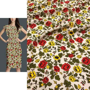 2022 лукс чисто нов бежов дъното ретро клонки флорални имитация коприна участък сатен плат рокля плат за високо качество шиене