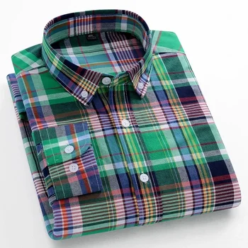 Мъжка риза мода 100% чист памук ризи с дълъг ръкав за мъже тънък годни случайни обикновена риза меки карирани шарени дизайнерски дрехи