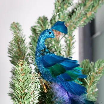 Коледно дърво висящи декорация клип занаят изкуствен бял паун блясък птица парти тюркоаз изкуствени паунови пера