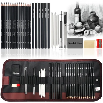 29Pcs комплект за рисуване Комплект скициращи моливи, преносими моливи за завеси с дървени въглища, моливи за скици, пръчка за дървени въглища, острилка, гума
