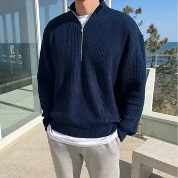 2024 Пролет и есен мъже нова мода мъже хлабав половин висока яка цип пуловер трикотажен пуловер яке All-мач облекло E17