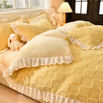 Зимен луксозен кралски размер спален комплект Домашен текстил Удебелена топла плюшена завивка Чаршафи и калъфки за възглавници 4бр Спален комплект