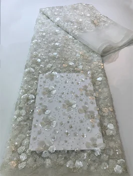 Бяла Африка мода високо качество ръчно изработени пайети дантела луксозни мъниста тюл дантела плат френски за жени сватбено тържество материя