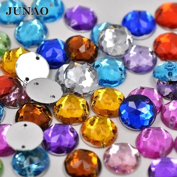 JUNAO 10mm Шийте на микс Цвят Кръгъл Rhinestone Апликации Flatback акрилни скъпоценни камъни Шиене на кристални камъни за DIY дрехи занаяти