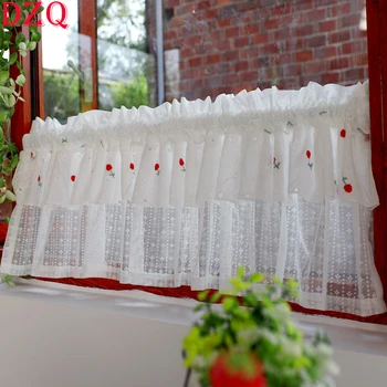 японски червени бродирани рози къси завеси Корея пасторален двоен слой бяла дантела тюл цветя половин завеси за кухня 171