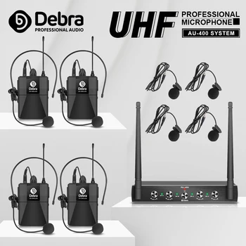 Debra Audio Pro UHF 4 канала безжична микрофонна система Lavalier слушалки преносим микрофон за караоке църковно парти с 4 Bodypack