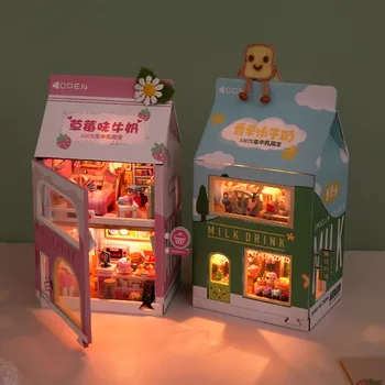DIY дървена мини торта спалня млечна напитка Casa кукли къщи миниатюрни строителни комплекти с мебели светлина кукла къща за възрастни подаръци