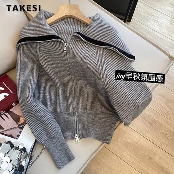 2023 Есен Зима Реколта Y2K плетене дълъг ръкав клуб пуловери жени корейски мода сив цип дами Hotsweet пуловер