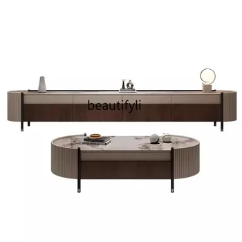 Масивна дървесина TV кабинет чай маса комбинация светлина луксозен модерен вила хол орехови мебели прост италиански камък плоча