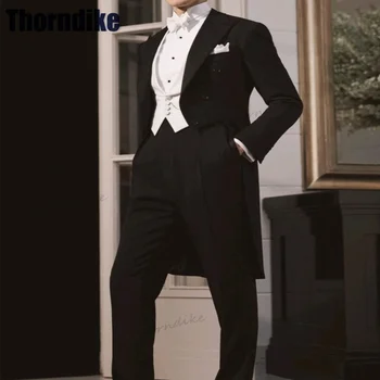 Thorndike Персонализиран черен мъжки костюм Комплект Официален дълъг костюм за мъже Сватбен младоженец Фрак Смокинг Еднореден костюм Homme