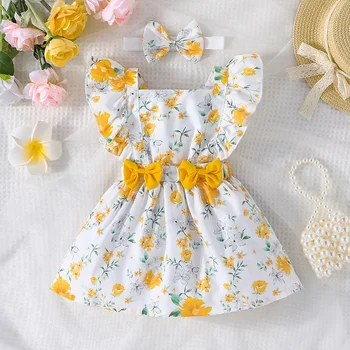 Рокля за деца Новородено 3 - 24 месеца рожден ден пеперуда ръкав сладък жълт флорални принцеса официални рокли Ootd за бебе момиче