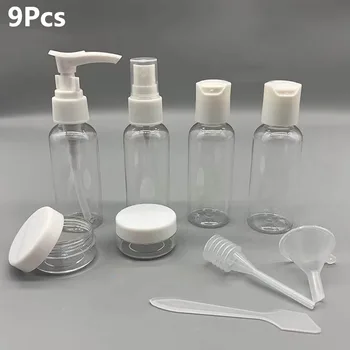 9Pcs преносим прозрачен комплект бутилки за пътуване Празни козметични спрей бутилки Многократни лосион крем контейнери с фуния капкомер лъжица