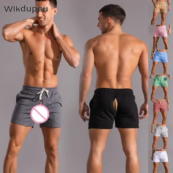 Летни памучни спортни шорти мъжки двоен цип отворени панталони за чатала извънгабаритни ежедневни шорти бягане фитнес открит секс панталони