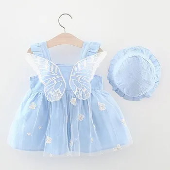 2 парчета крило бебешки дрехи лято нова корейска мода окото без ръкави малко дете принцеса рокля + Sunhat малки момичета облекло комплект