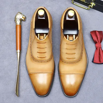 Британски стил естествена кожа мъжки официални обувки ръчно изработени луксозни крава кожа дизайнер сватба бизнес Оксфорд обувки